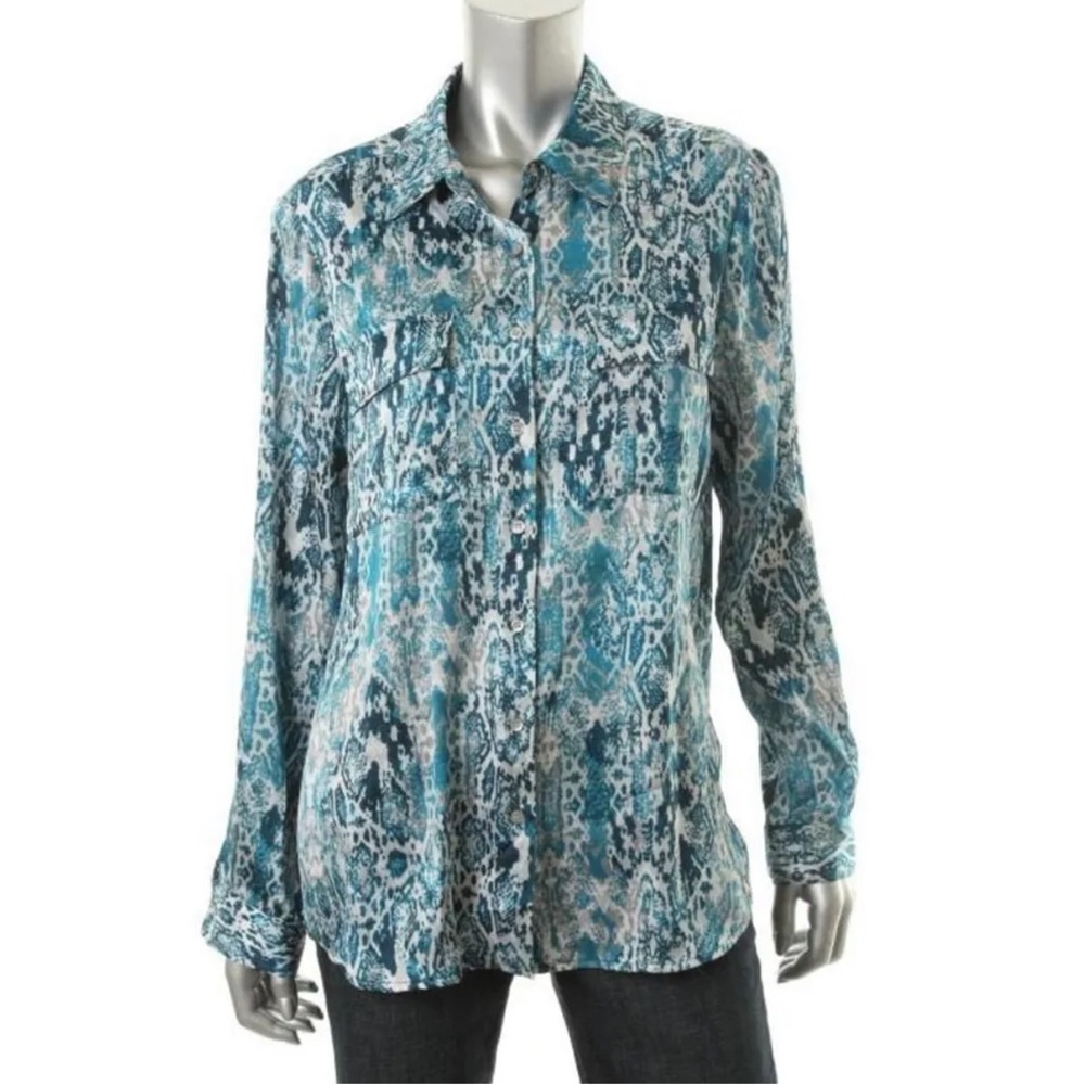 Jones New York Blue Satin Printed Long Sleeves Button-Down Blouse size 6